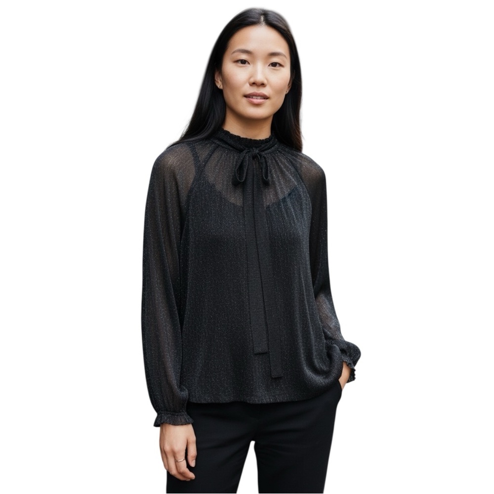 Zara Semi Sheer Metallic Black Long Sleeve Blouse with Tie Neck size Large